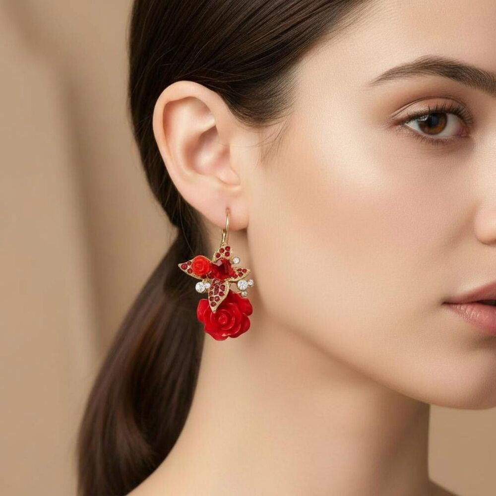Realistic 3D Red ROSE Flower Earrings NEW Dangle Pierced Rhinestones Gold Lever - Picture 1 of 5
